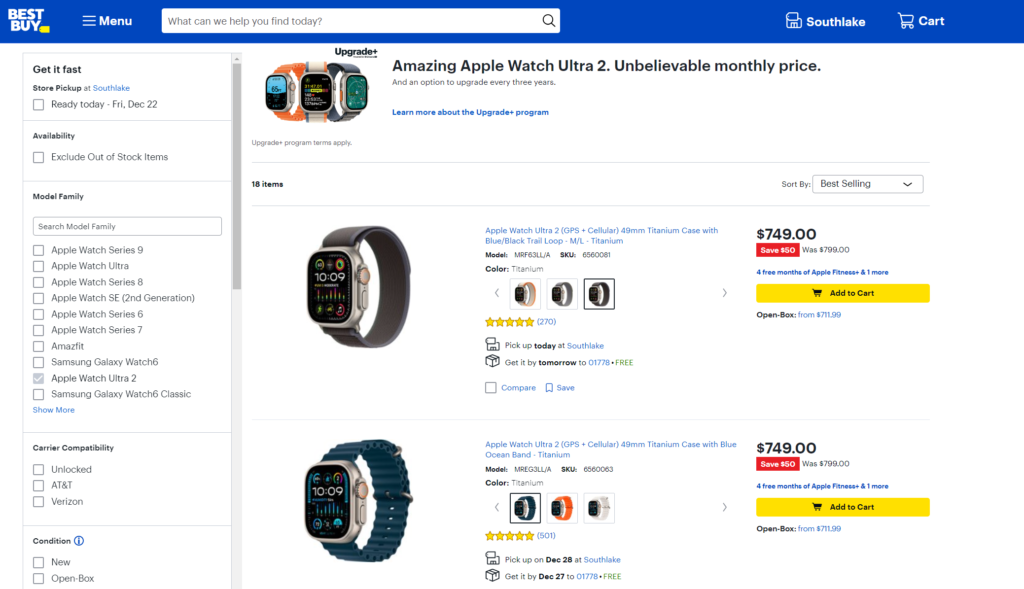 Screenshot of Apple Watch Ultra 2 for sale online at Best Buy ahead of Apple Watch sales ban